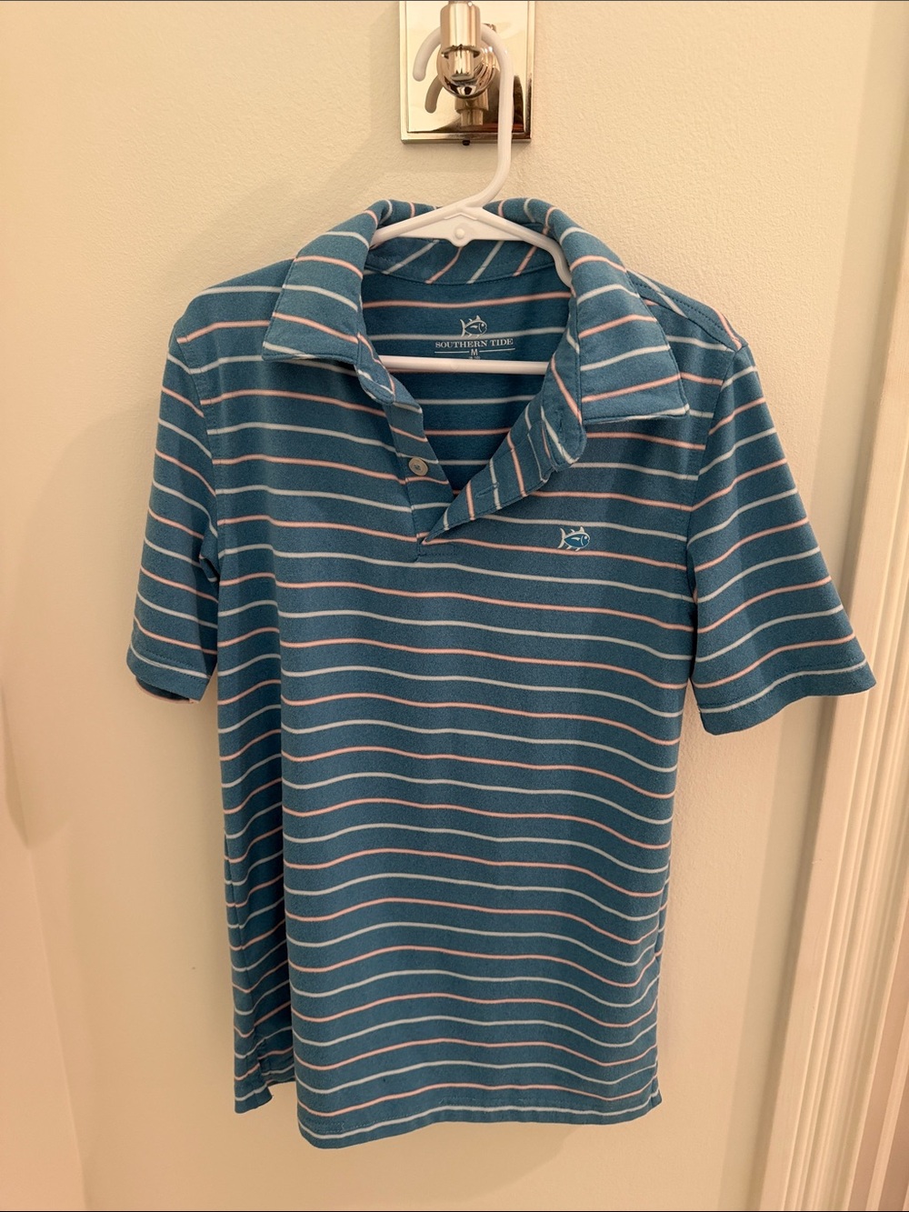 Boy’s Southern Tide Teal and White Striped Polo, Size M